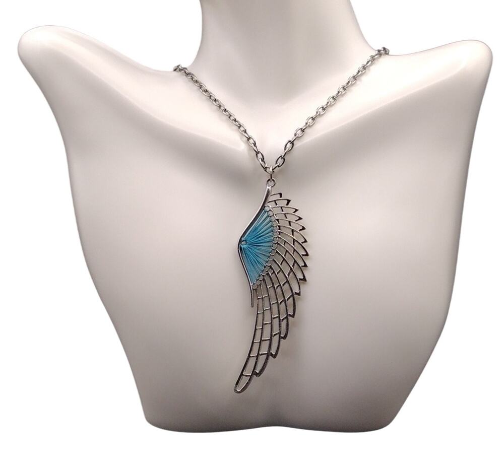 Y2K Wing Necklace Silver Plated Blue Threaded Pendant Boho Chic Casual Jewelry